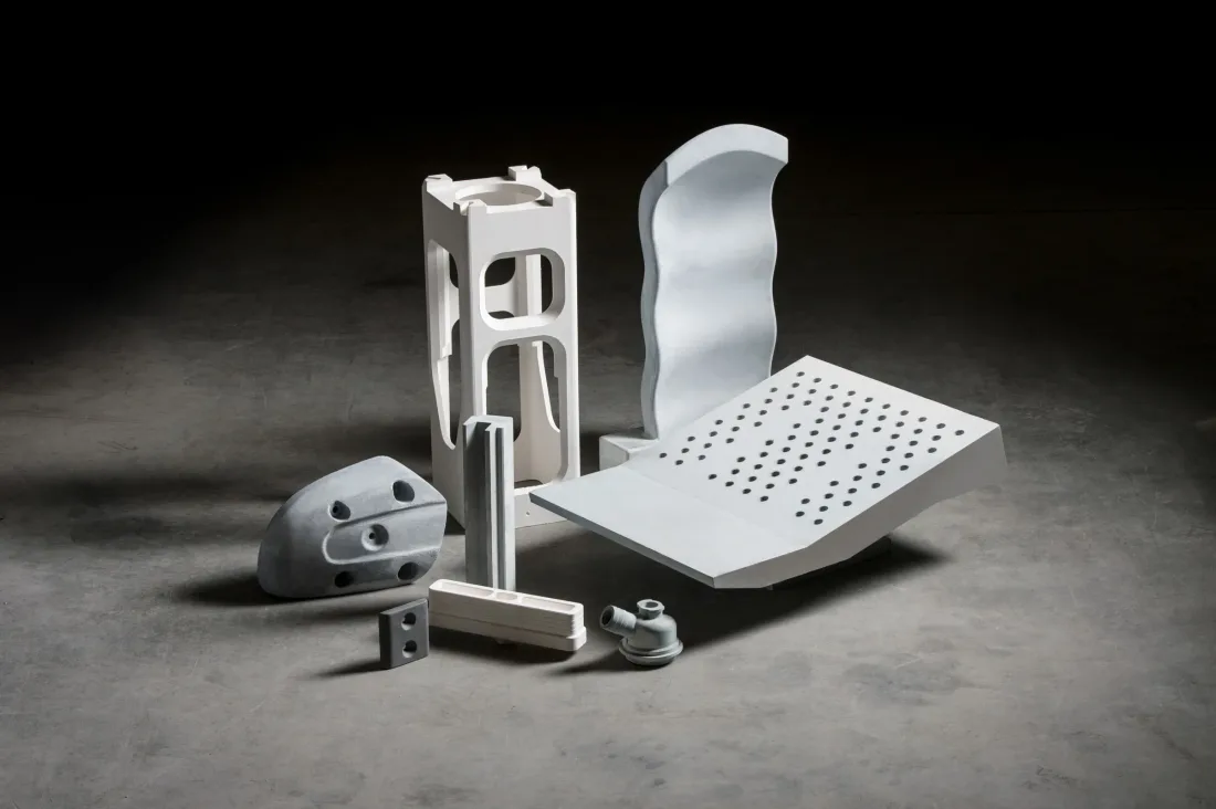 Custom engineered ceramic shapes including a perforated plate