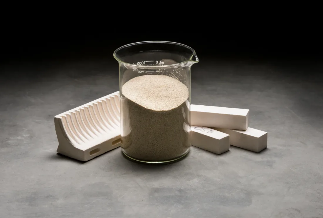 Mullite shapes next to a beaker of raw material