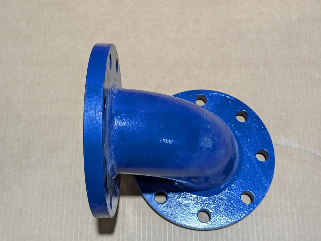 Flanged short radius elbow with a blue painted steel body