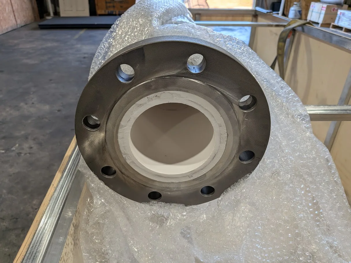 Large flanged spool with ceramic liner in the workshop