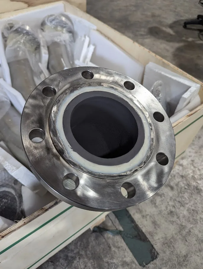 Ceramic lined spool in a crate, close view of the liner face