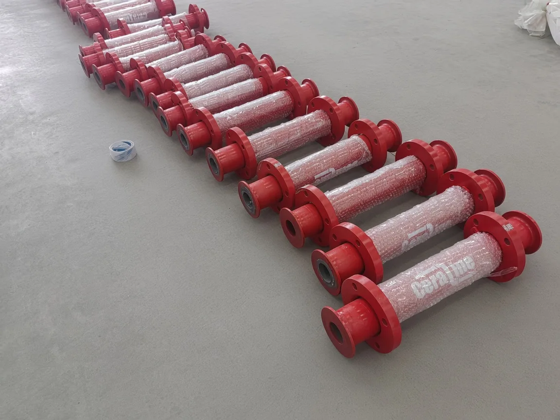 Red flanged lined spools laid out in a row