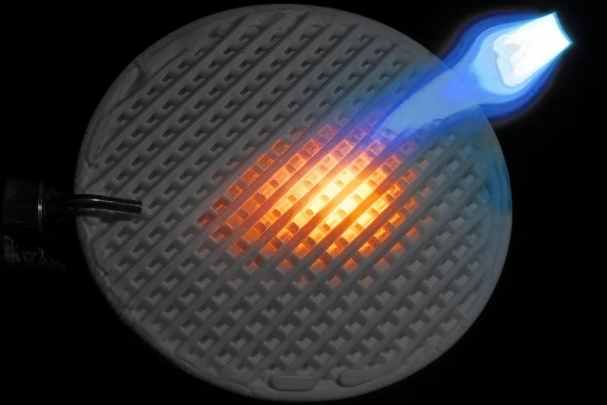 3D printed ceramic filter under a torch flame