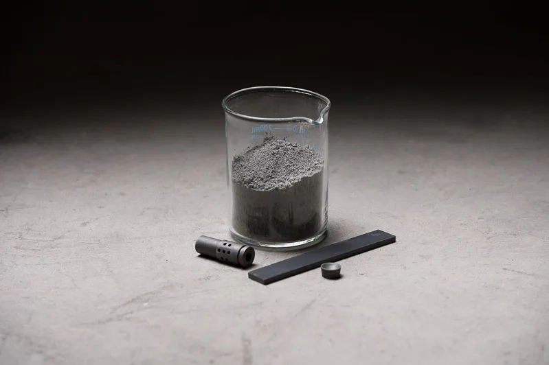 Tungsten carbide parts next to a beaker of powder